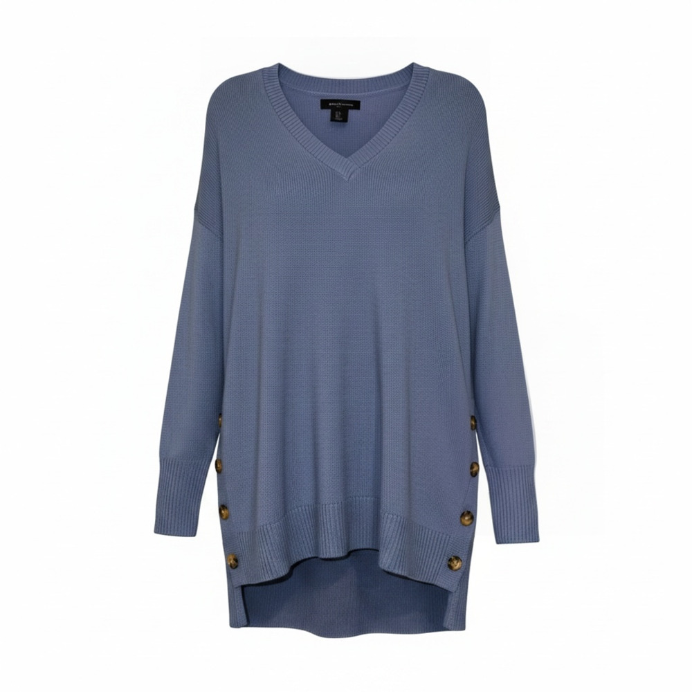 Tahari Blue V-Neck Long Sleeve Sweater with Side Buttons Size S